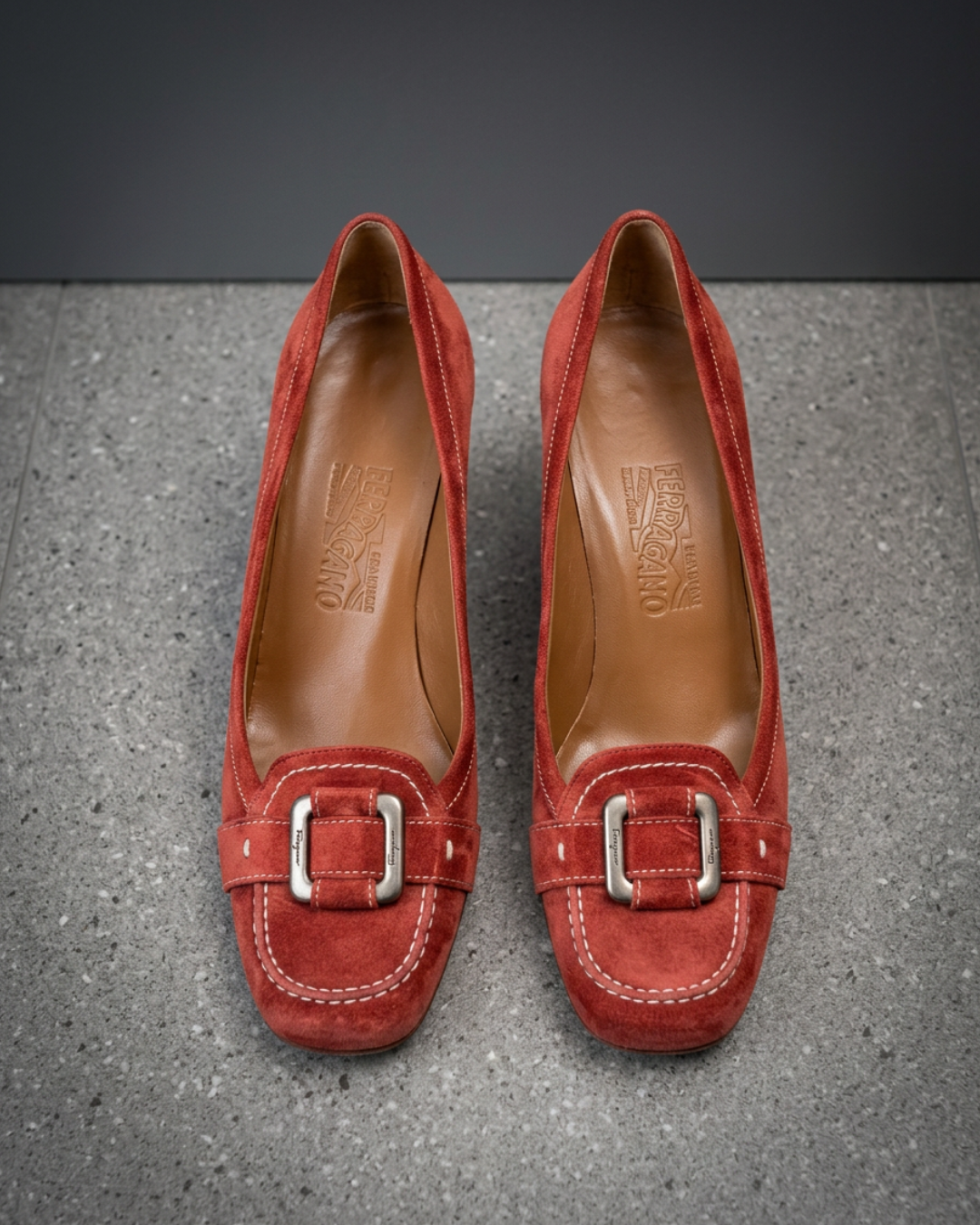 red ferragamo dress shoes Vintage SALVATORE FERRAGAMO Sadira Red Suede Leather Low Heel Pumps Size 6 AAAA